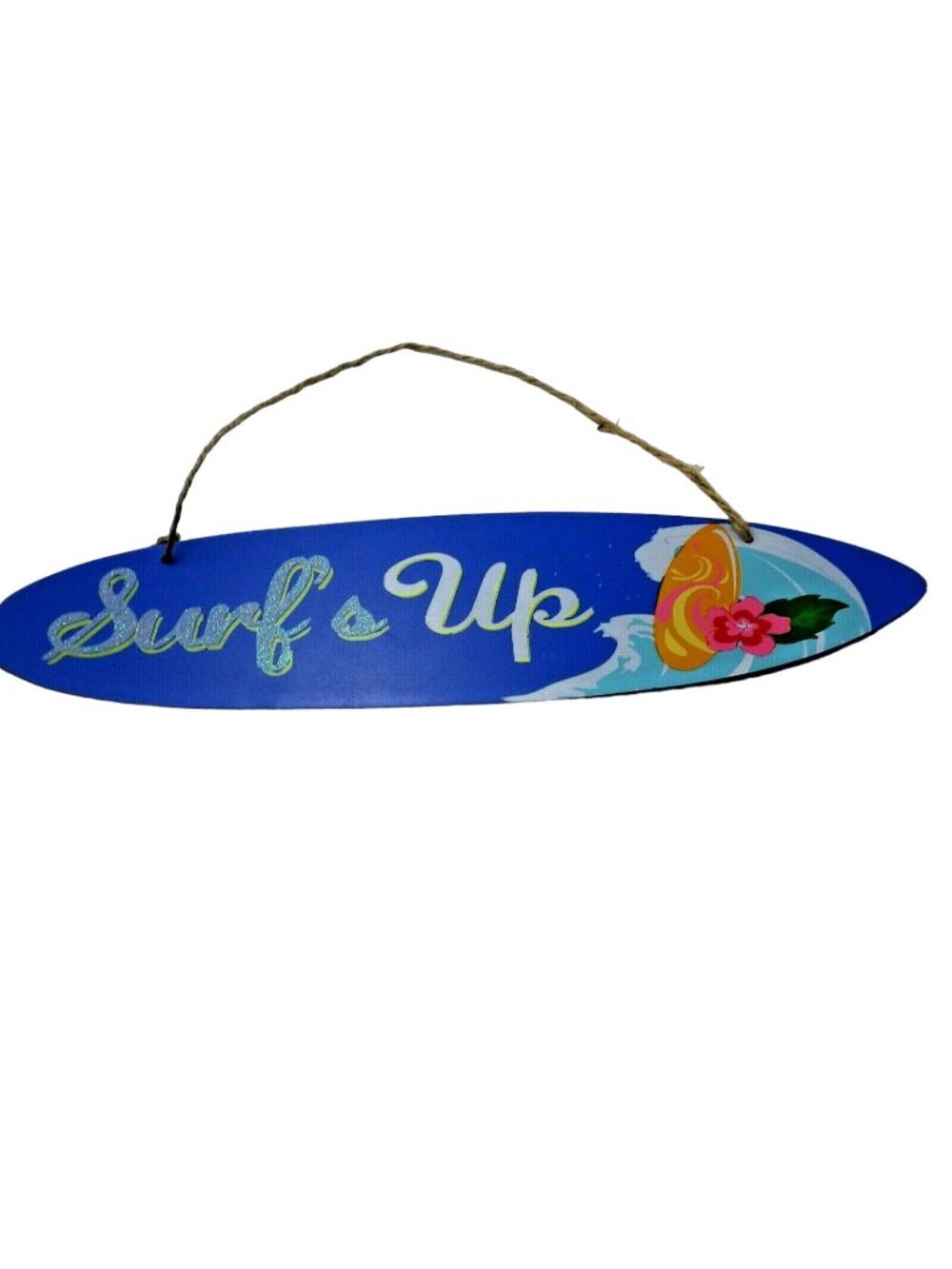 Surfs Up Surfboard Shape Sign Tropical Luau Tiki Coastal Blue Wood 16 inch
